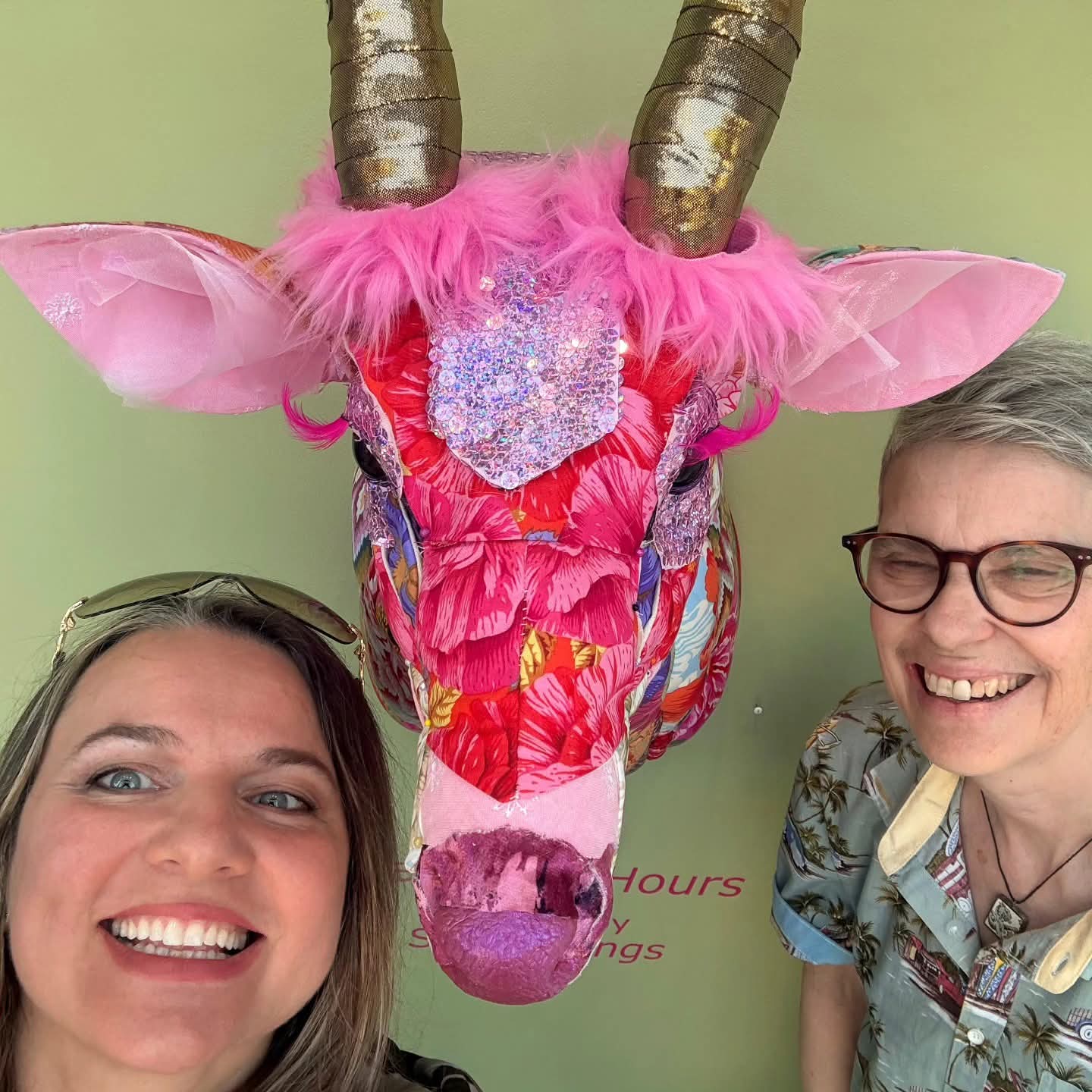 Sarah with Mila in front of James Fowler's Deer Head, at Green House Art Opening, Akasha Art Gallery, 2026